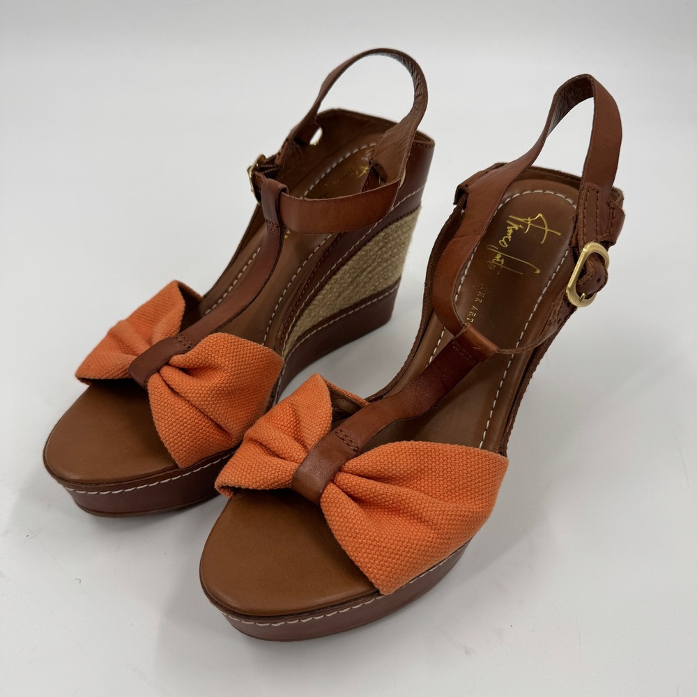 Franco Sarto Riviera Wedge Sandal Womens 8.5 Brown Orange Leather Bow Espadrille